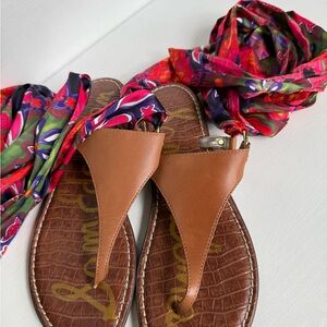 Sam Edelman Tan Leather Thong Sandals with Multicolor Floral Scarf Ties